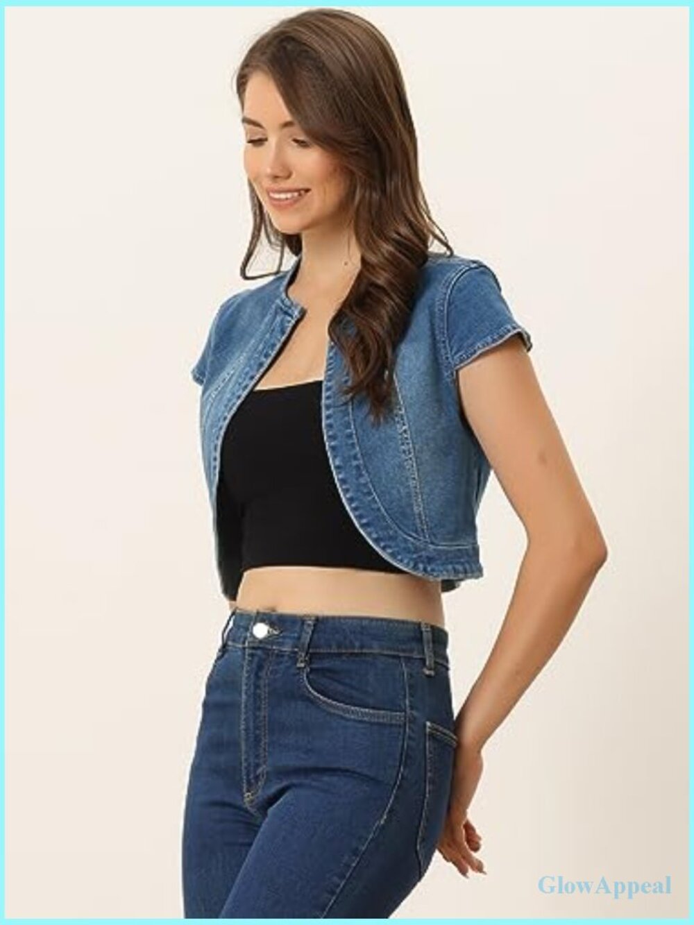 Women's Cropped Denim Jacket Short Sleeve Slim Fit Casual Summer Blazer - Picture 3 of 7